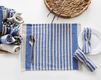 Striped Linen Placemat - Heavy Weight Blue Rustic Softened 100% Linen Placemat - Durable Farmhouse Table Decor