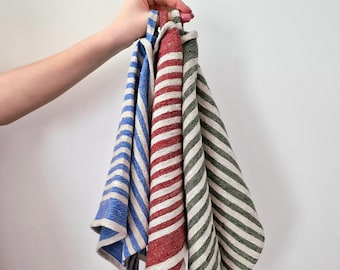 Linen Tea Towel - Kitchen Dishcloth Heavy Weight - Natural Striped Tea Dining Towel - Durable Rustic Hand Towel