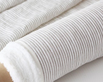 Striped Linen Fabric Beige and White - Lightweight Natural Stonewashed 100% Linen Flax Material 130 g/m2