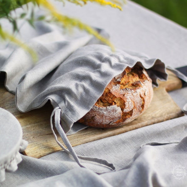 Linen Bread Bag - Reusable Natural Kitchen Food Storage Bag