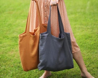Linen Shopping Bag - Reusable Grocery Bag - Shoulder Tote Market Bag - Everyday Summer Bag - Strong Two Layers Bag