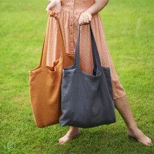 Linen Shopping Bag - Reusable Grocery Bag - Shoulder Tote Market Bag - Everyday Summer Bag - Strong Two Layers Bag
