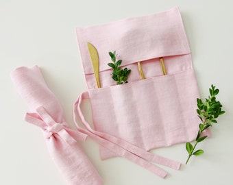 Cutlery Roll - Pink Linen Utensil Case for Travel Picnic or Outdoor Lunch - Silverware Holder