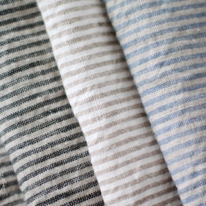 Tissu en lin à rayures - 100 % lin délavé gris bleu blanc naturel - Tissu par mètre - Largeur des rayures 3 mm ou 1,5 mm