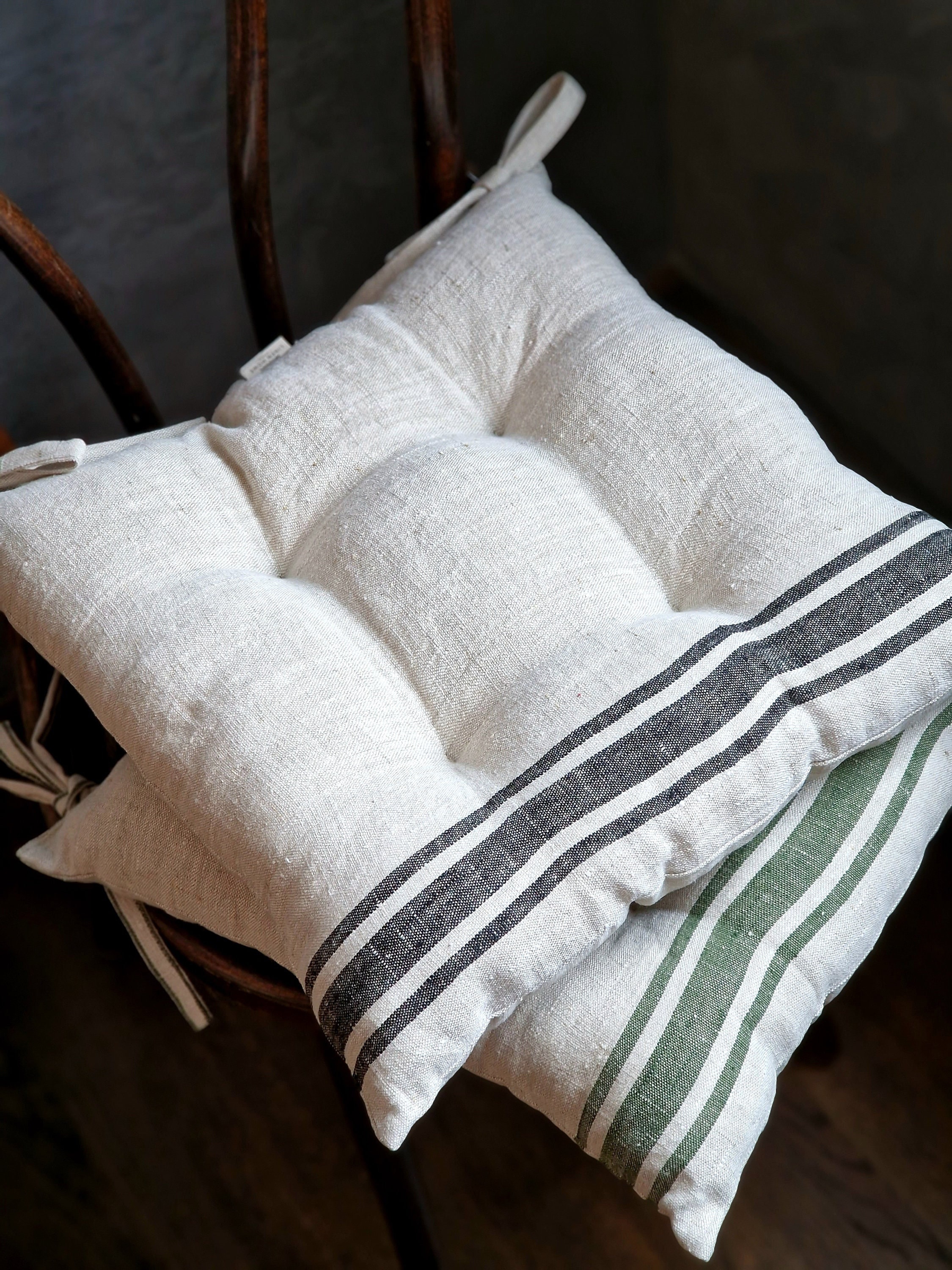 Linen Chair Pad With Ties French Style Striped Seat Cushion Natural French Style Heavy Weight 100 Linen Fabric Etsy