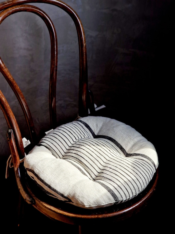 Linen Chair Pad with Ties - Round Square Striped Seat Cushion - Natural French Style Heavy Weight 100% Linen Fabric