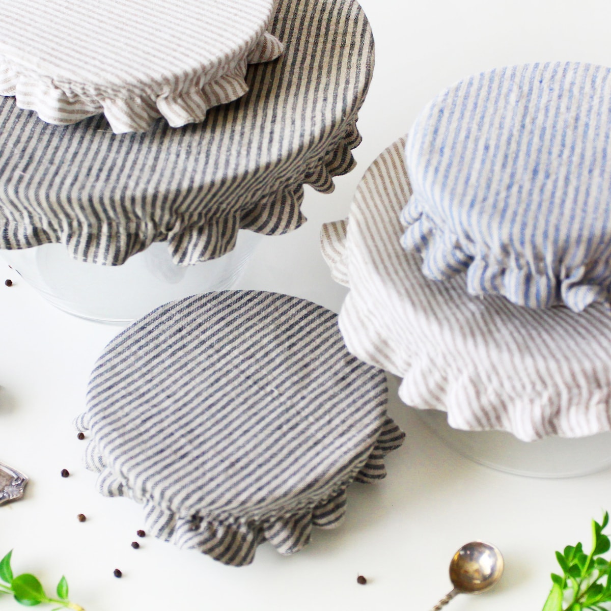 Striped Linen Bowl Dish Cover - Natural/Gray - Set of 5 -