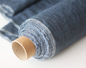 Linen Fabric Blue Melange - Jeans Denim Stonewashed 100% Linen Flax Material.