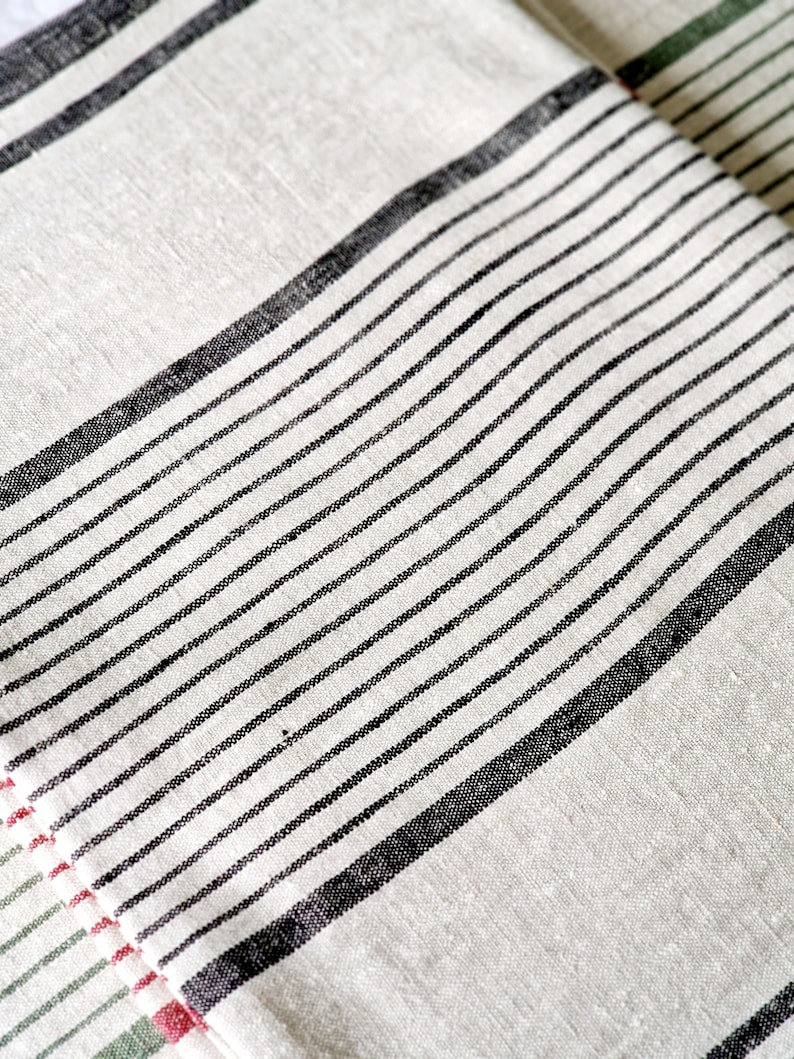 Linen Table Runner Striped French Style Heavy Weight Natural Table Runner Black Stripes