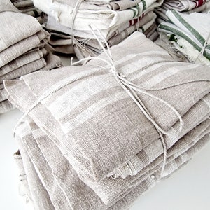 100% Linen Fabric Remnants Linen Scraps Heavy Weight Linen Bundle Linen Swatches for Quilting Natural Stripes