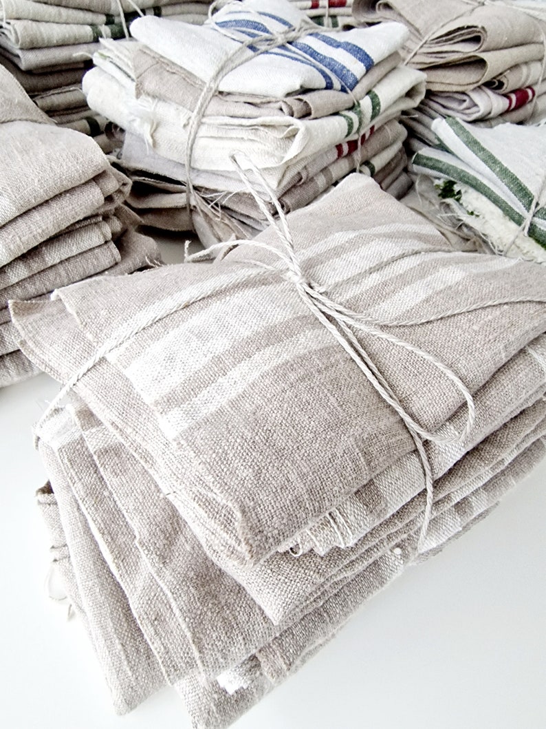 100% Linen Fabric Remnants Linen Scraps Heavy Weight Linen Bundle Linen Swatches for Quilting Natural Stripes