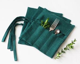 Rollo de cubiertos - Estuche de utensilios de lino para picnic de viaje o almuerzo al aire libre - Soporte para cubiertos