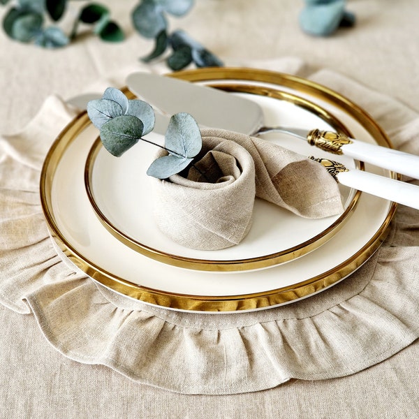 Linen Placemat Round Ruffled  - Washable Table Place Mat