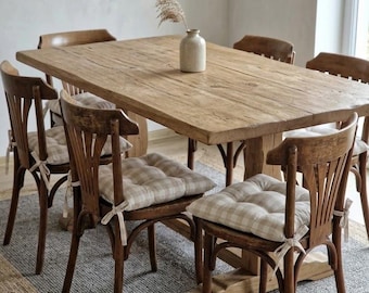Custom Size Linen Chair Cushion with Ties - Tufted French Style Seat Pad (Washable)