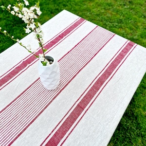 Heavy Linen Tablecloth for Easter Table French Style Striped Washed Linen Table Cloth Rectangle Square or Round Red Stripes