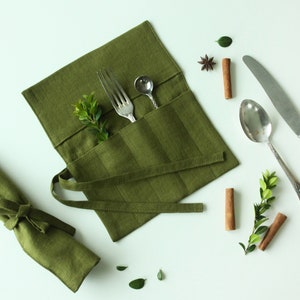 Linen Cutlery Roll - Reusable Utensil Holder Bag - Travel Picnic Lunch Box Wrap Case - Zero Waste Sustainable Kitchen