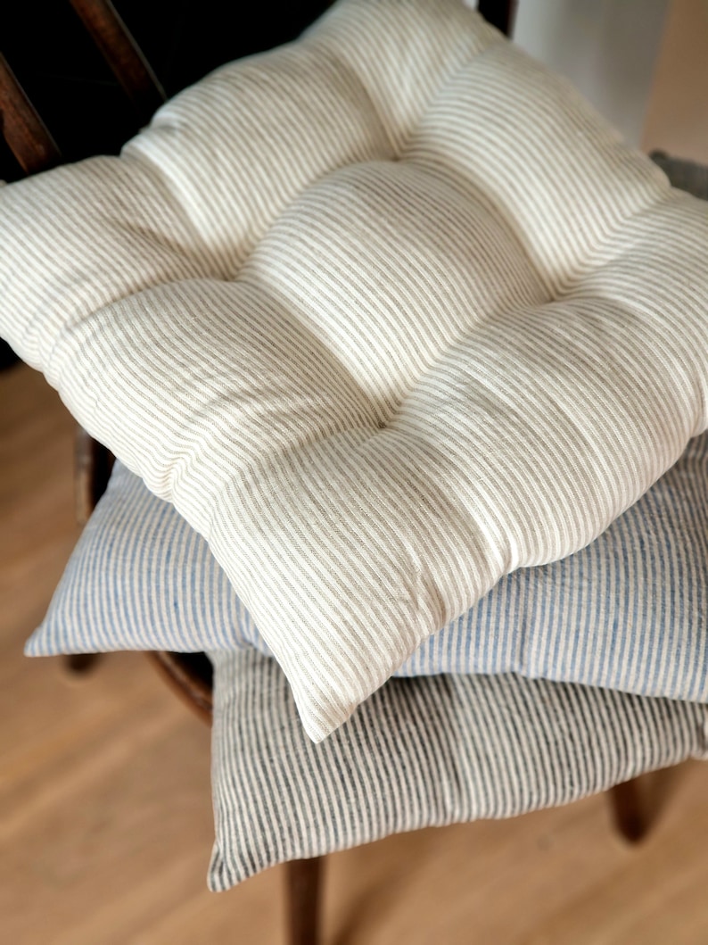 Linen Seat Cushion - Stripes Chair Pad with Ties - Chair Pillow - Natural 100% Linen Fabric - Custom Size image 3