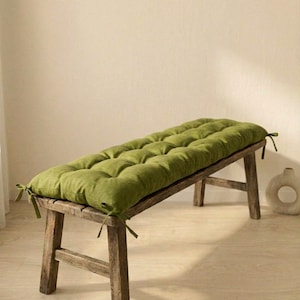 Cuscino per panca in lino su misura con lacci - Sedile da finestra verde - Cuscino per ingresso - Tessuto 100% lino pesante naturale