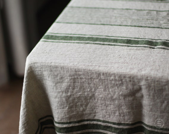 Heavy Linen Tablecloth for Easter Table - French Style Striped Washed Rustic Linen Table Cloth - Rectangle Square or Round