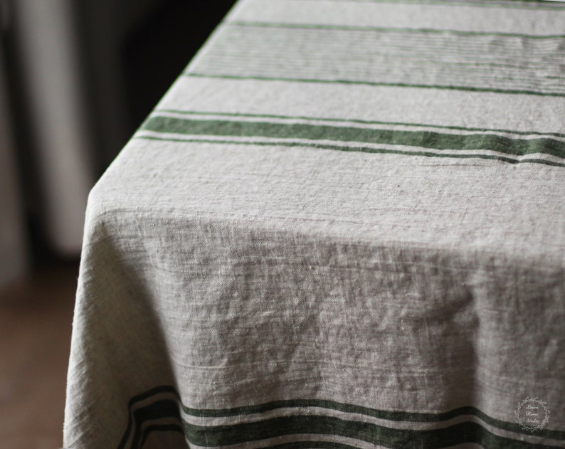 Heavy Linen Tablecloth for Easter Table - French Style Striped Washed Linen Table Cloth