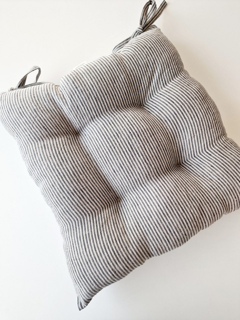 Linen Seat Cushion - Stripes Chair Pad with Ties - Chair Pillow - Natural 100% Linen Fabric - Custom Size image 4
