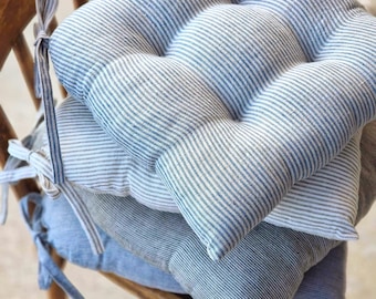 Custom Linen Seat Cushion - Washable U Shape Striped Chair Pad with Ties - Natural 100% Linen Fabric