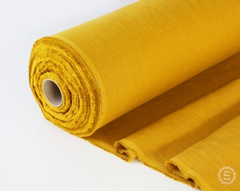 Linen Fabric by the Yard - Mustard Washed 100% Linen Flax Material - Fabric by the Meter