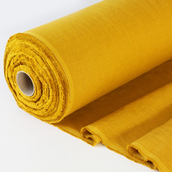 Tissu en lin par yard - Matériel de lin 100% lin lavé à la moutarde - Tissu au mètre