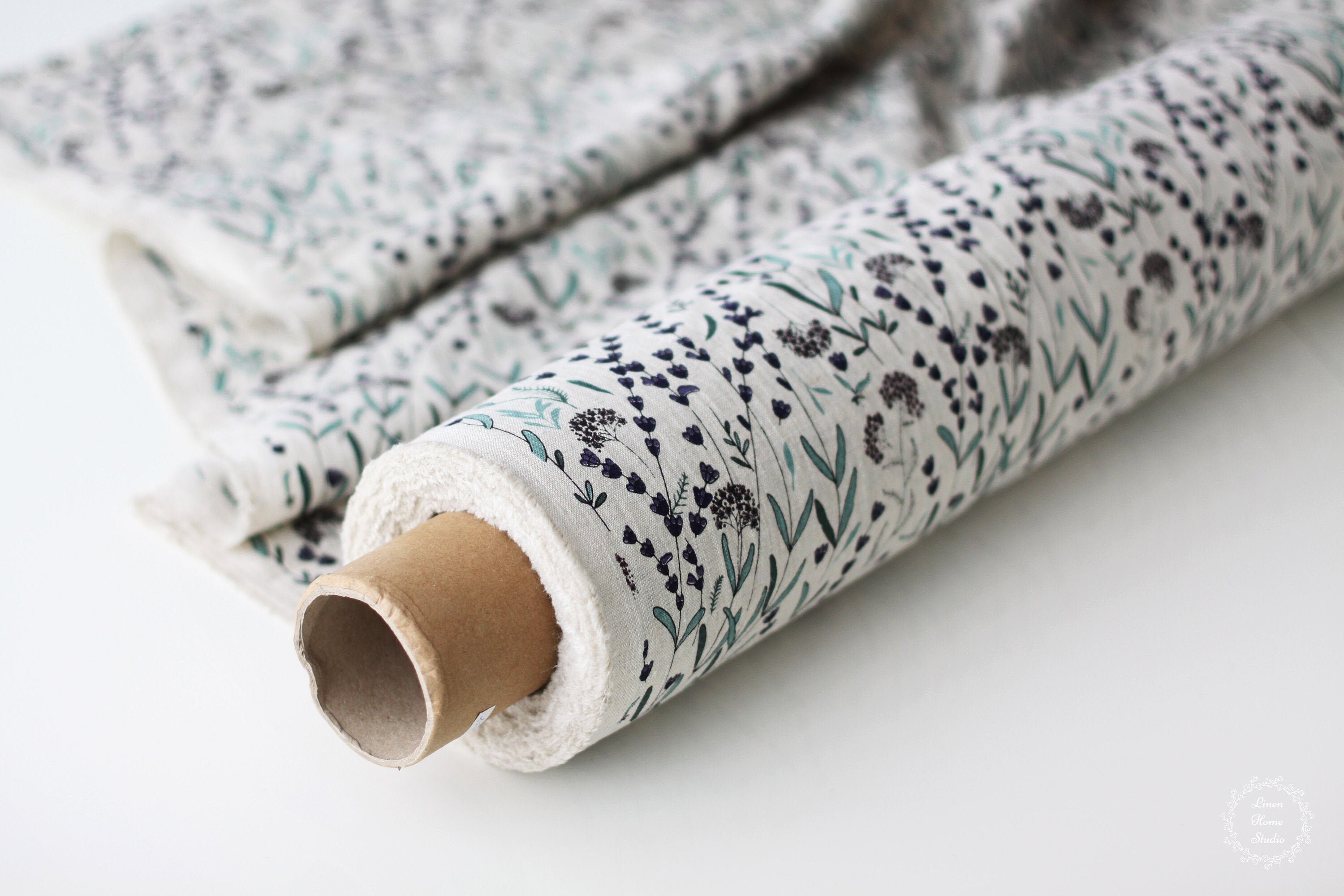 Floral Beige Linen Fabric Lavender Flowers Stonewashed 100