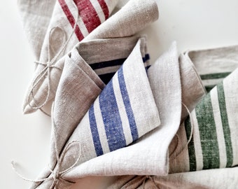 Striped Linen Napkins - Heavy Weight French Style Softened Flax Cloth Napkins - Farmhouse Table Decor