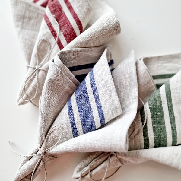 Striped Linen Napkins - Heavy Weight French Style Softened Flax Cloth Napkins - Farmhouse Table Decor