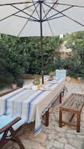 Custom Linen Tablecloth with Umbrella Hole - Heavyweight French Style Striped Outdoor Patio Table Cover featuring Parasol Hole product logo