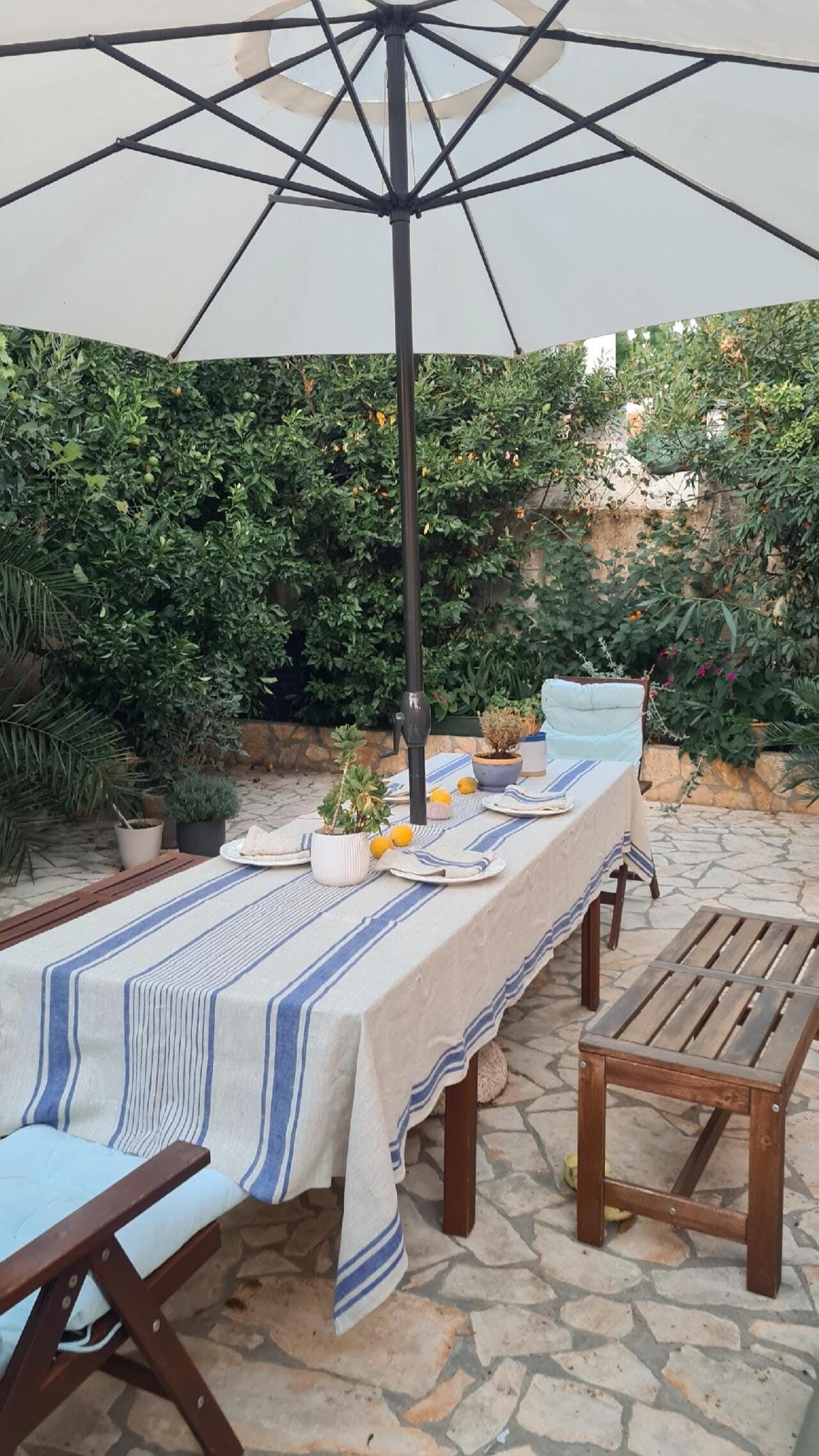 Heavy Linen Tablecloth with Umbrella Hole - French Style Striped Washed Linen Table Cloth with Parasol Hole - Rectangle Square or Round