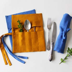 Porte-couverts en lin pour pique-nique en voyage ou déjeuner en plein air - Sac porte-ustensiles réutilisable