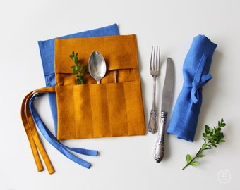 Porta cubiertos de lino para picnic de viaje o almuerzo al aire libre - Bolsa reutilizable para porta utensilios