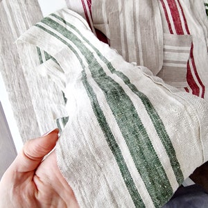 100% Linen Fabric Remnants Linen Scraps Heavy Weight Linen Bundle Linen Swatches for Quilting Green Stripes