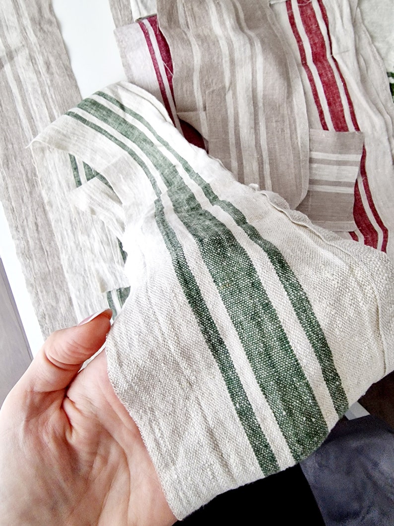 100% Linen Fabric Remnants Linen Scraps Heavy Weight Linen Bundle Linen Swatches for Quilting Green Stripes