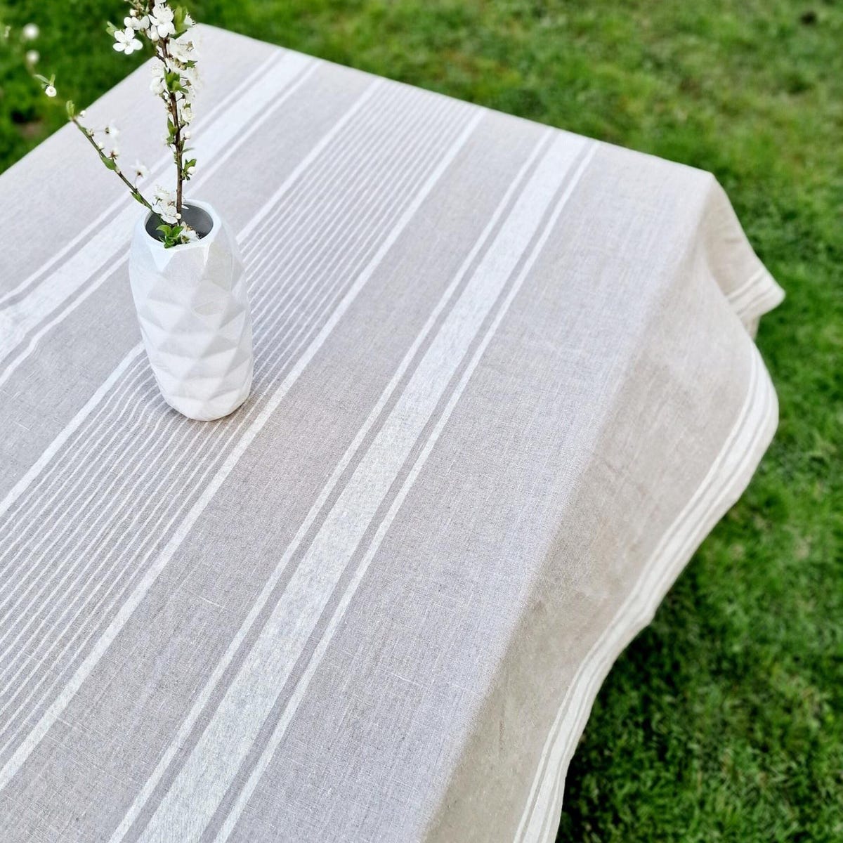 Heavy Linen Tablecloth for Easter Table - French Style Striped Washed Rustic Linen Table Cloth - Rectangle Square or Round