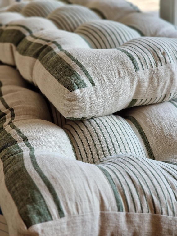 Linen Bench Cushion with Ties - Striped Window Seat - Bench Pillow -  Natural Undyed Heavy Weight 100% Linen Fabric