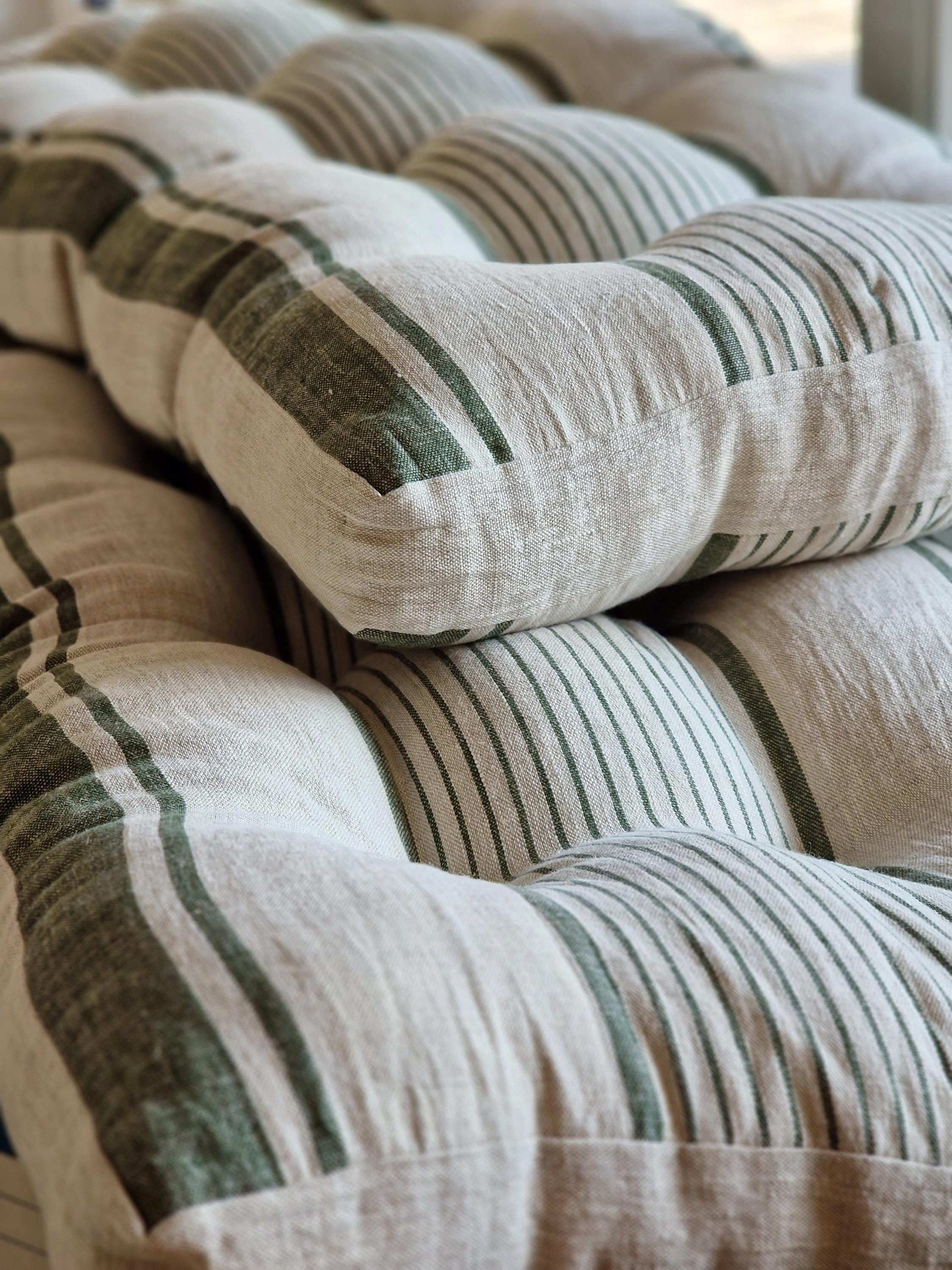 Linen Bench Cushion with Ties - Striped Window Seat - Bench Pillow -  Natural Undyed Heavy Weight 100% Linen Fabric