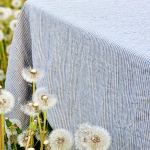 Pu&ograve; includere: Una tovaglia di lino a righe blu e bianche con una texture sottile. La tovaglia &egrave; drappeggiata su un tavolo ed &egrave; circondata da fiori di dente di leone bianchi.