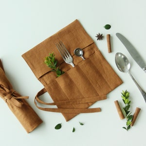 Linen Cutlery Roll - Reusable Utensil Holder Bag - Travel Picnic Lunch Box Wrap Case - Zero Waste Sustainable Kitchen