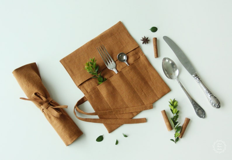 Linen Cutlery Roll - Reusable Utensil Holder Bag - Travel Picnic Lunch Box Wrap Case - Zero Waste Sustainable Kitchen