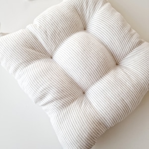 Linen Seat Cushion - Stripes Chair Pad with Ties - Chair Pillow - Natural 100% Linen Fabric - Custom Size White/Beige