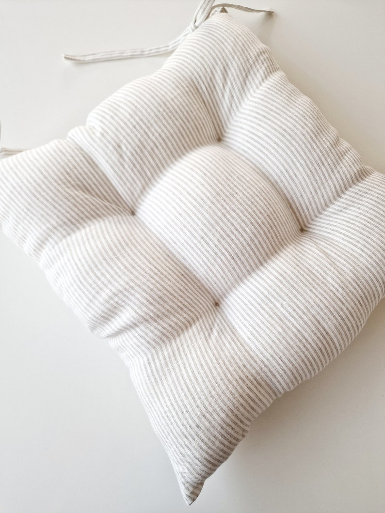 Linen Seat Cushion - Stripes Chair Pad with Ties - Chair Pillow - Natural 100% Linen Fabric - Custom Size White/Beige