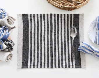 Linen Table Mat - Striped Linen Placemat - Black Blue Rustic Softened 100% Linen Placemat - Farmhouse Table Decor