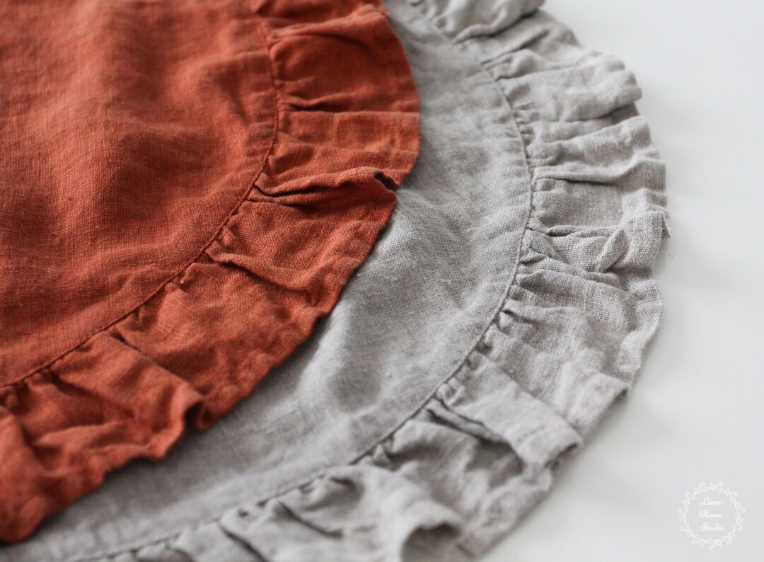 Hard Base Ruffle Mat Ruffled Linen Placemats - Round Table Mat - Stonewashed Softened Linen ...