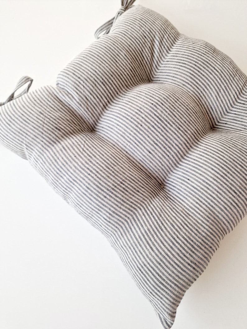 Linen Seat Cushion - Stripes Chair Pad with Ties - Chair Pillow - Natural 100% Linen Fabric - Custom Size image 6