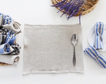 Natural Heavy Linen Placemat - Black Blue Striped Softened 100% Linen Placemat - Farmhouse  Rustic Table Decor