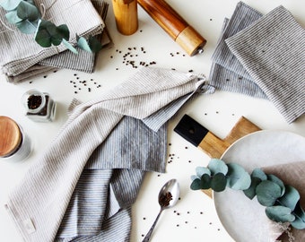 Striped Linen Kitchen Towel - Natural Tea Dining Towel - Stonewashed 100% Linen Dishcloth - Rustic Blue Gray Towel - Zero Waste Sustainable